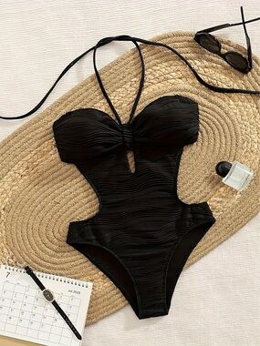 Black Textured Open Back One-Piece Swimsuit with Keyhole